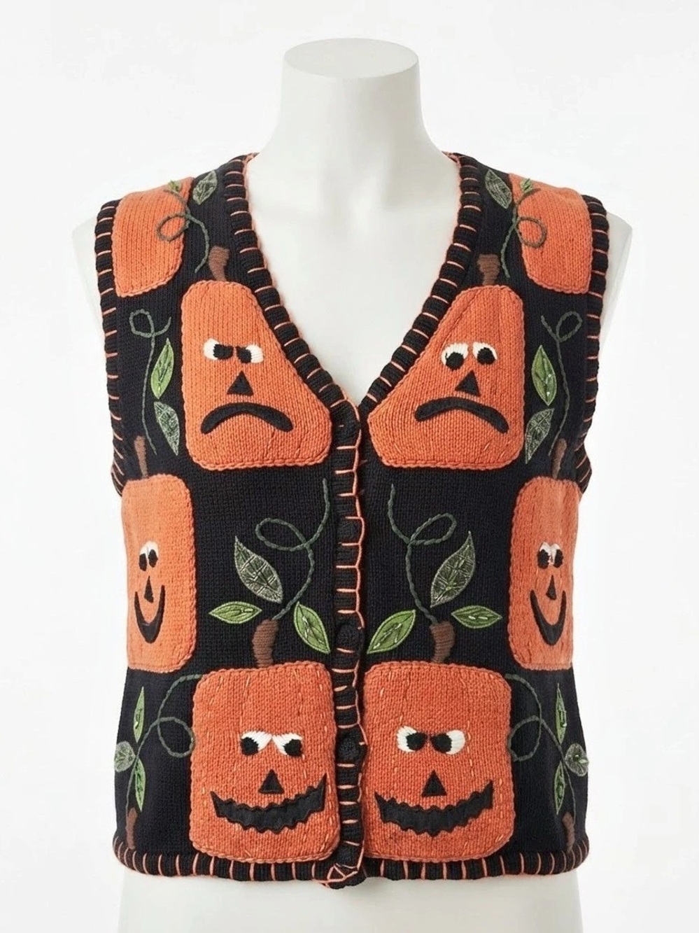 Bobbie Brooks Pumpkin Halloween Sweater Vest S Teacher Cardigan Black
